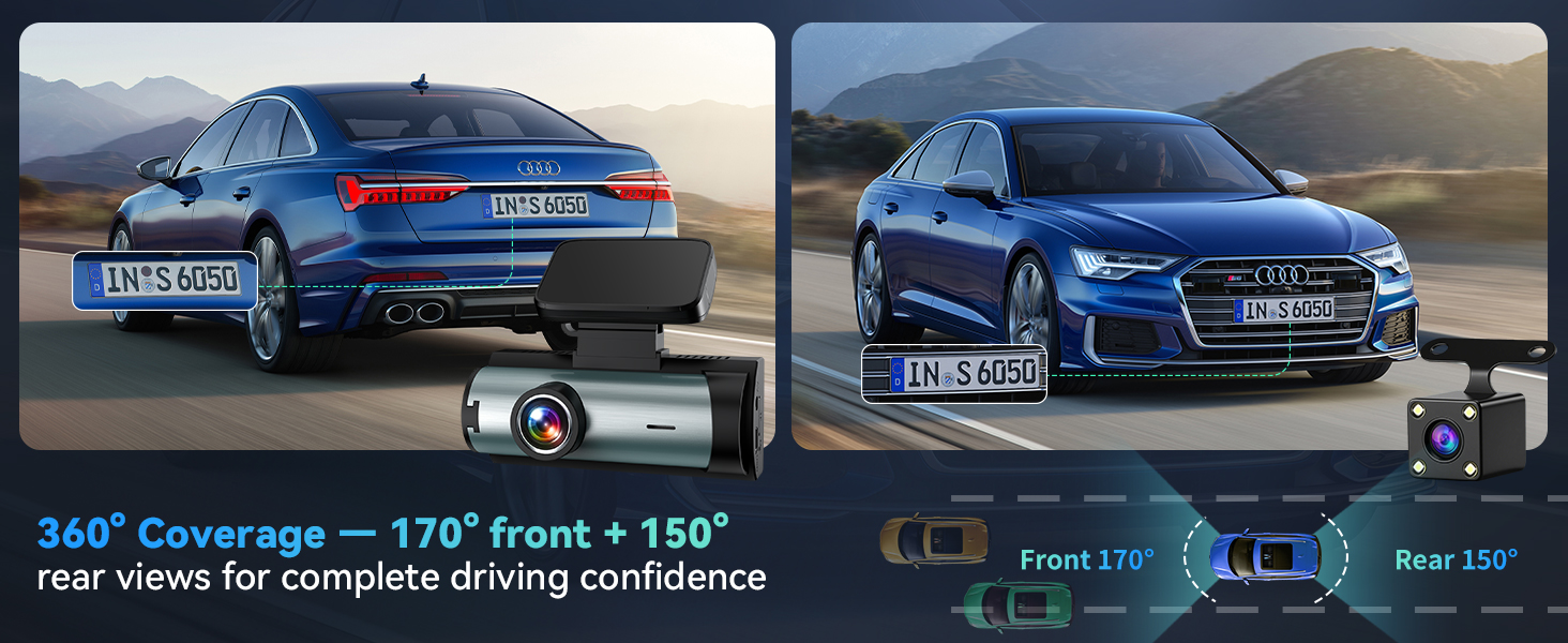 Text reads '360° Coverage = 170° Front + 150° rear views for complete driving confidence'. Split image showing front and rear car camera views of a blue vehicle.