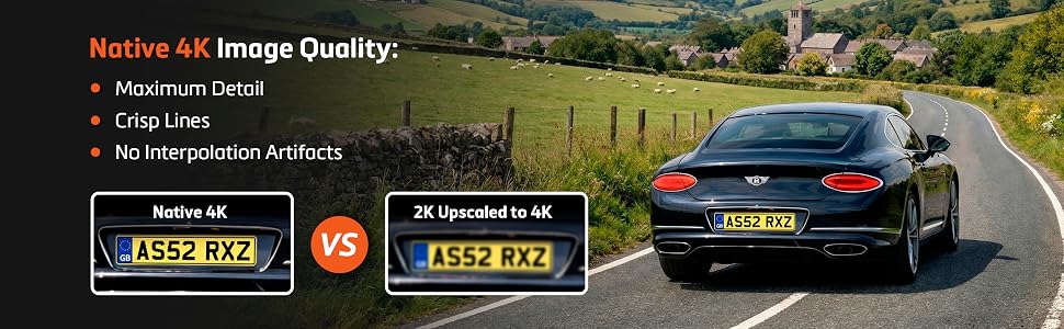 Text reads 'Native 4K Image Quality:' followed by comparison of two vehicle images on a rural road, with car license plates displayed in rectangular frames with 'VS' between them.