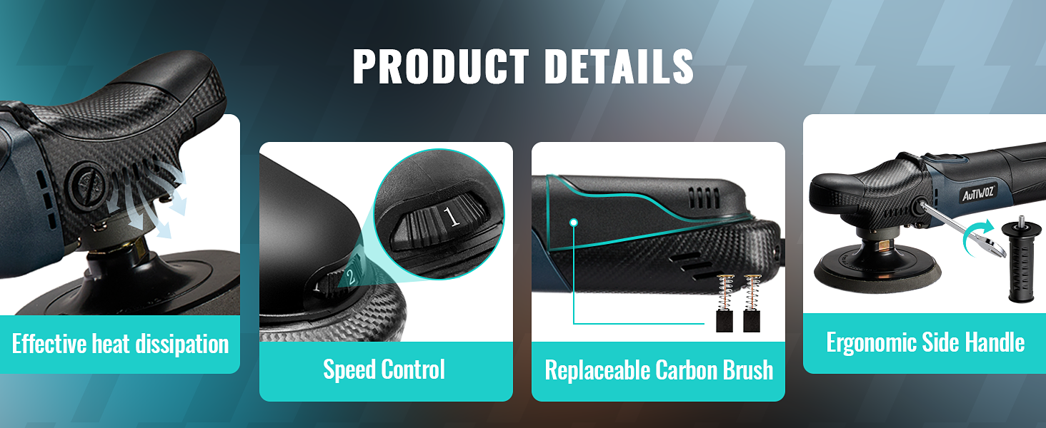 Text reads '630W HIGH-PERFORMANCE MOTOR WITH COPPER WINDINGS'. Product demonstration showing car polisher features with icons for Powerful Motor, Pure Copper Material, Durable Protected, Low Setting.