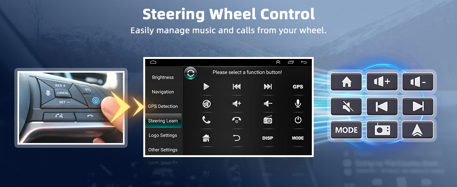 Text reads 'Steering Wheel Control' and 'Easily control car function from your wheel.' Dashboard interface shown with corresponding steering wheel remote control button layout and function indicators in blue and white design.