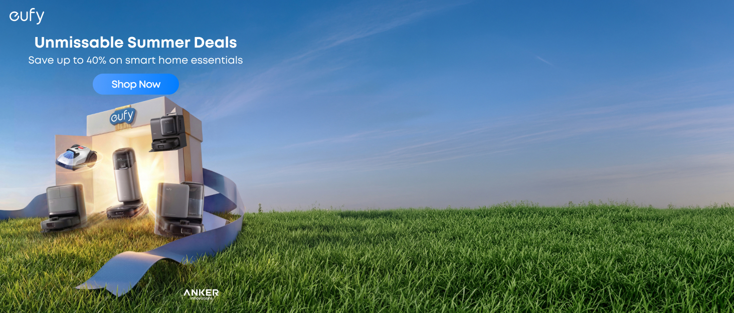 Text reads "Unbeatable Summer Deals" and "Bring joy to daily use with smart home essentials". Composite image showing a beige and blue recreational vehicle on green grass field with clear blue sky.