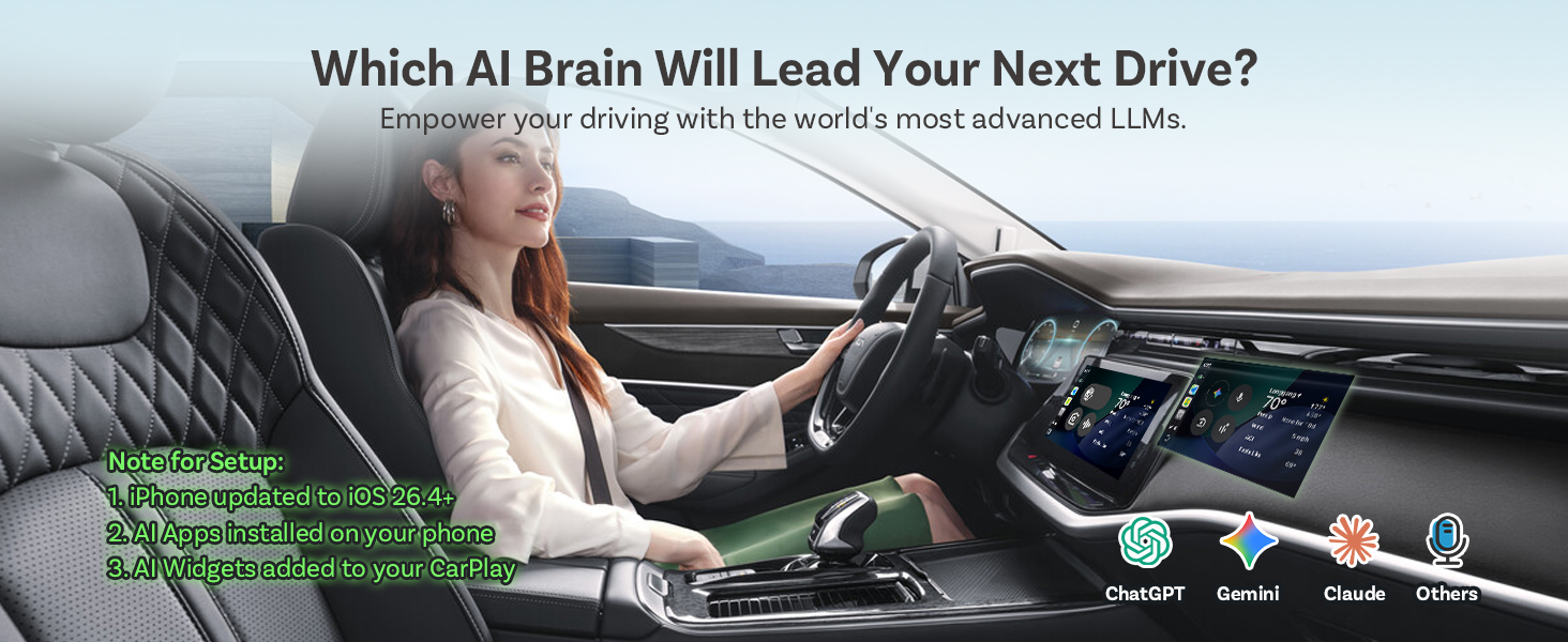Text reads 'Which AI Brain Will Lead Your Next Drive?' Dashboard view showing navigation interface and steering wheel controls.