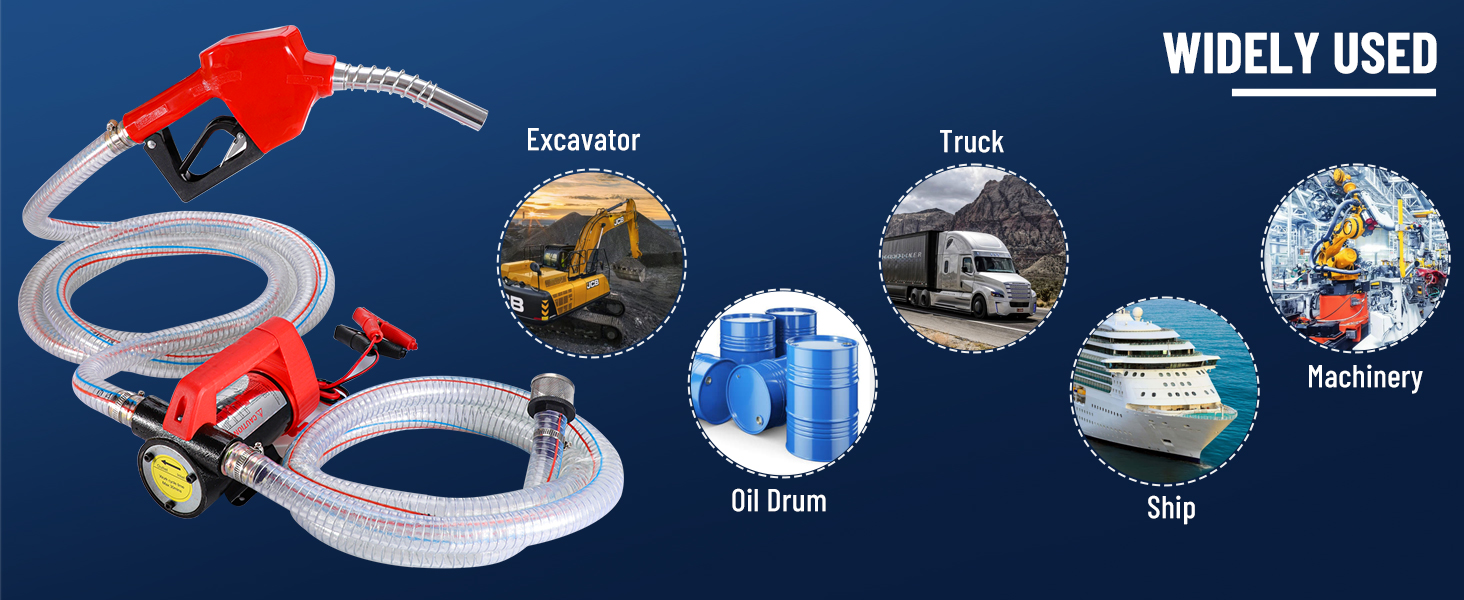 Fuel nozzle with clear hose, alongside icons representing various industrial applications: excavator, truck, oil drum, ship, and machinery. Text 'WIDELY USED' visible.