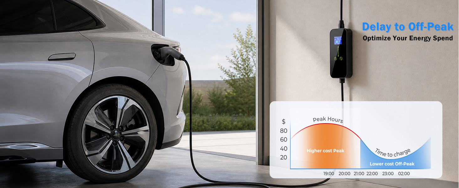Text reads 'Charging Speed (Based on 6K kWh)' and 'LEVEL 2 (230V)'. Blue electric vehicle shown charging with wall-mounted charging unit. Specifications display charging parameters and power output information.