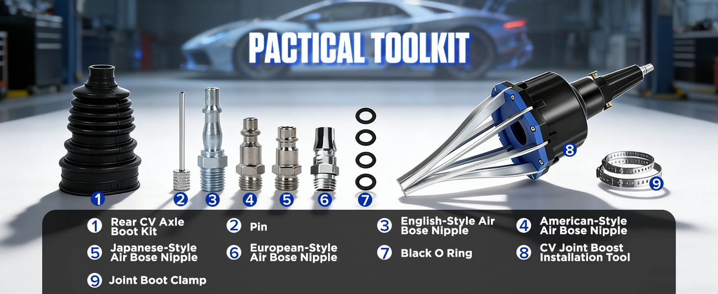 Text reads: 'TACTICAL TOOLKIT' with numbered tool illustrations showing automotive parts and repair components in technical diagram layout.