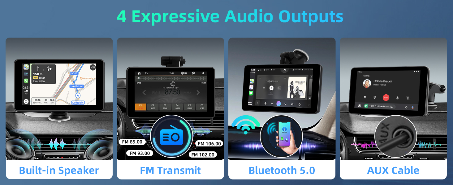Car audio system interface displaying '4 Expressive Audio Outputs' with four connection options: built-in speaker, FM transmit, Bluetooth 5.0, and AUX cable. Interface shows navigation and audio visualizer screens.