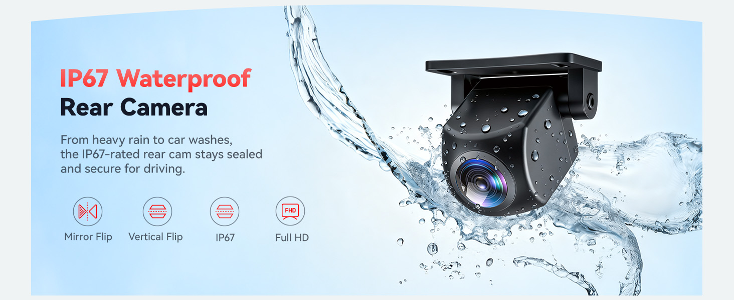 Text reads 'IP67 Waterproof Rear Camera'. Product demonstration showing water-resistant camera with water splashing effect.