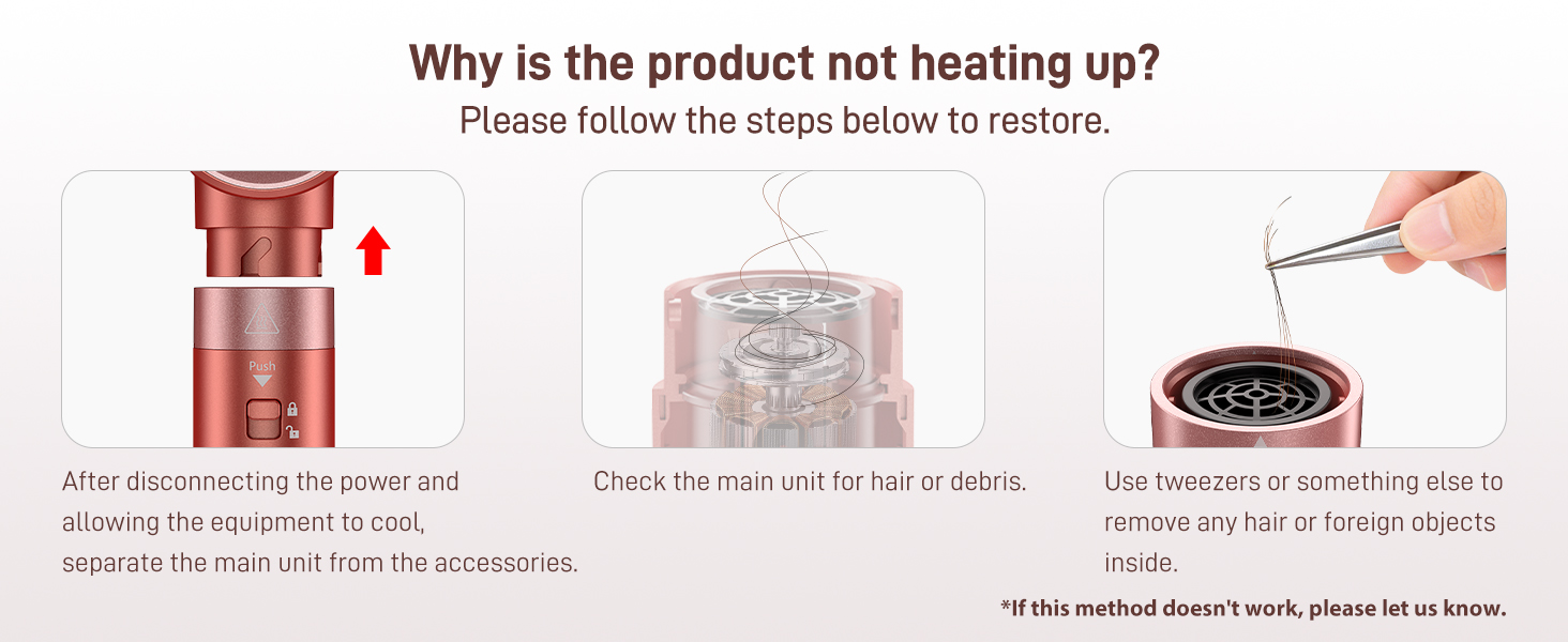 Text reads 'Why is the product not heating up? Please follow the steps below to restore.' Troubleshooting guide showing three steps: check power connection, check heating element, and use tweezers to remove debris from heating chamber.