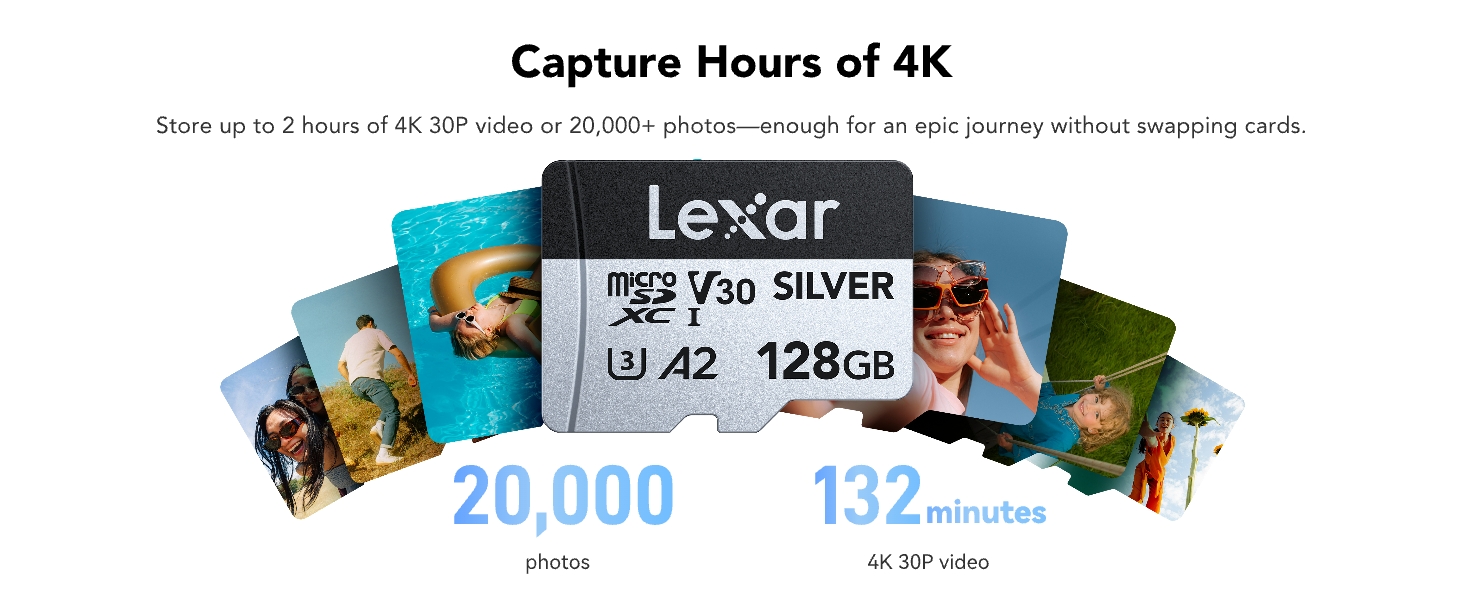 Text reads "Capture Hours of 4K". Lexar 2GB SILVER microSD memory card specifications showing 20,000 photos and 132 hours storage capacity with product imagery.