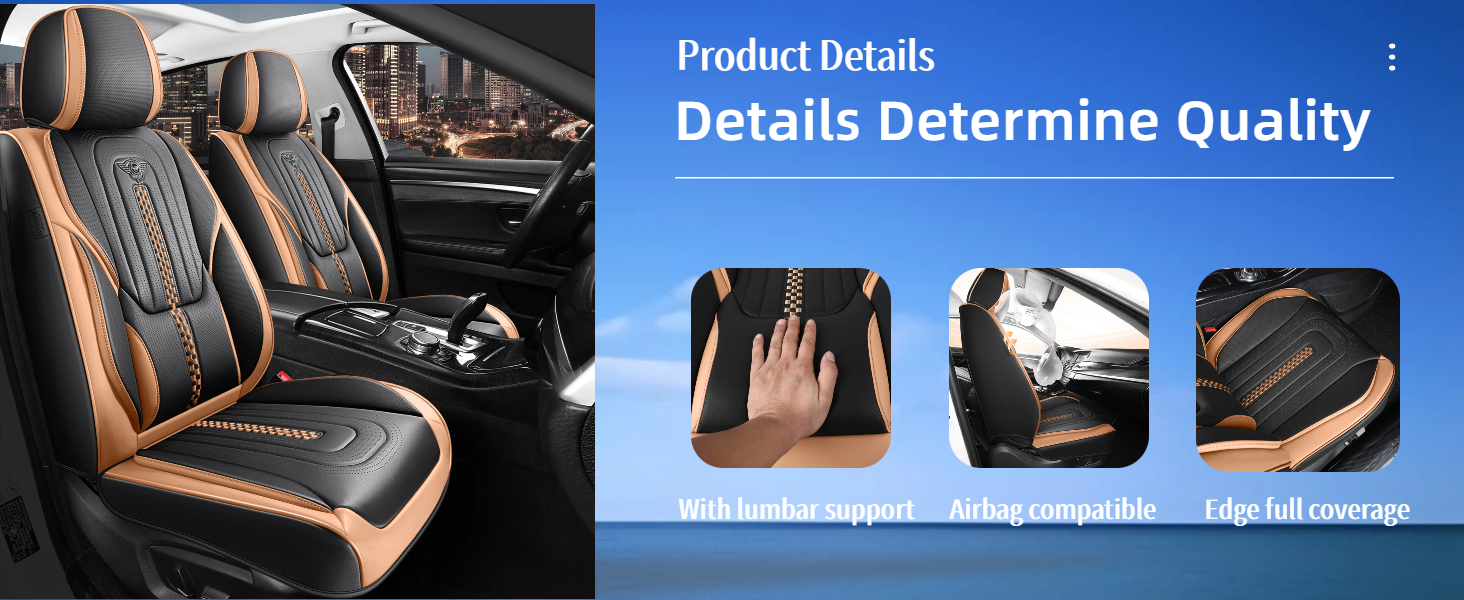 Text reads 'Product Details' and 'Details Determine Quality.' Car seat covers with black and orange striped pattern shown from multiple angles, displayed on vehicle seat and as close-up detail views.