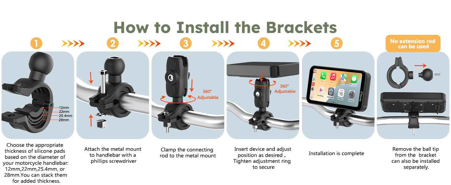 Text reads 'How to Install the Brackets'. Detailed 6-step mounting instruction diagram for installing device brackets, with simple line illustrations.