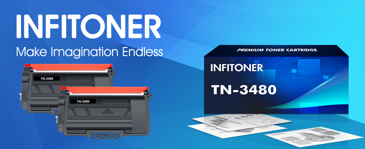 Text reads 'INFITONER TN-3480'. Marketing banner showing printer toner cartridge against blue background with product specifications and imagery.