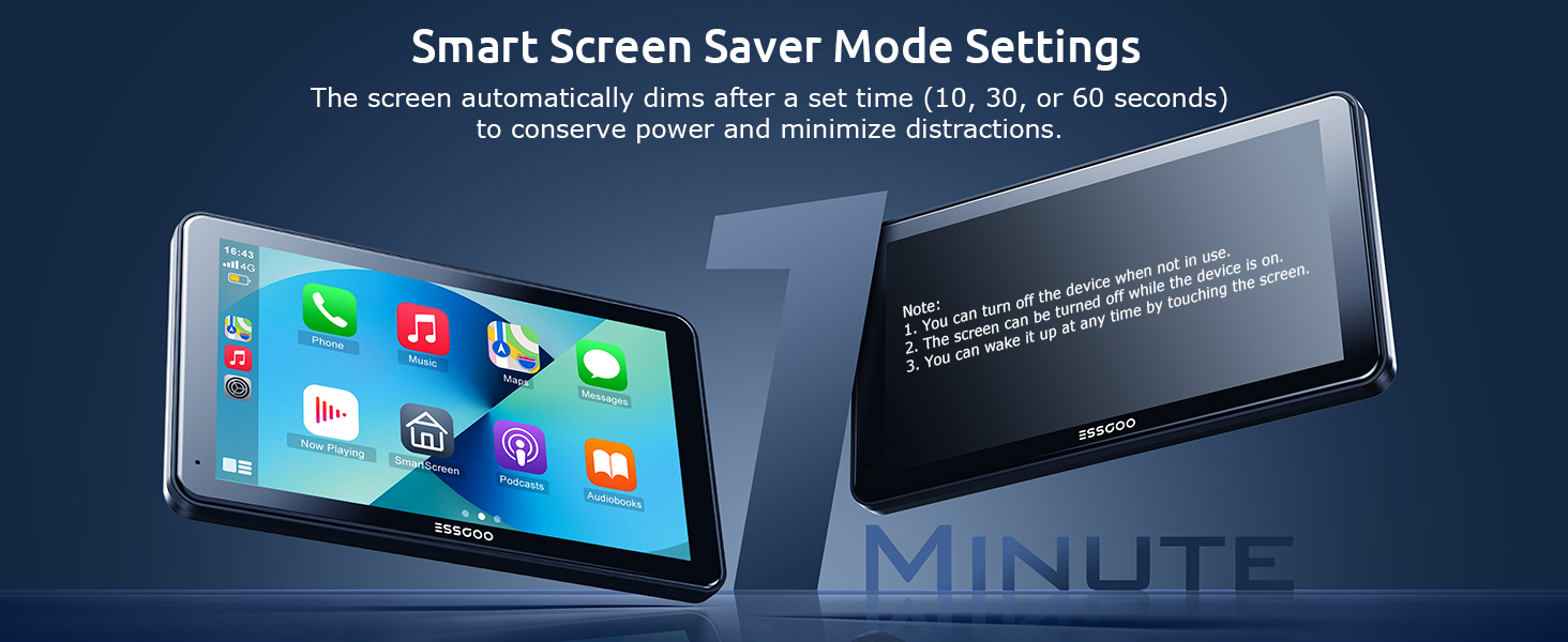 Text reads 'Smart Screen Saver Mode Settings'. Shows smartphone interface settings screen with blue icons and white text on dark background.