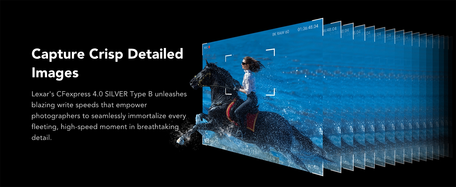 Action photography feature showing multiple frame capture of a person jumping, demonstrating crisp detailed image capabilities with layered motion effect.