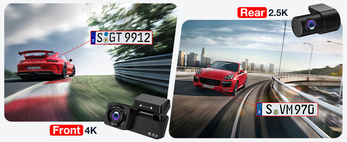 Text reads 'Front 4K'. Multiple views of a vehicle dash camera showing red car on road and dashboard mounting perspectives.