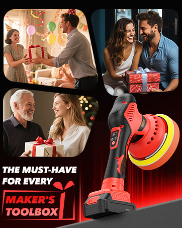 Text reads 'THE MUST-HAVE FOR EVERY MAKER'S TOOLBOX'. Multiple panels showing gift-giving moments with red-wrapped presents.