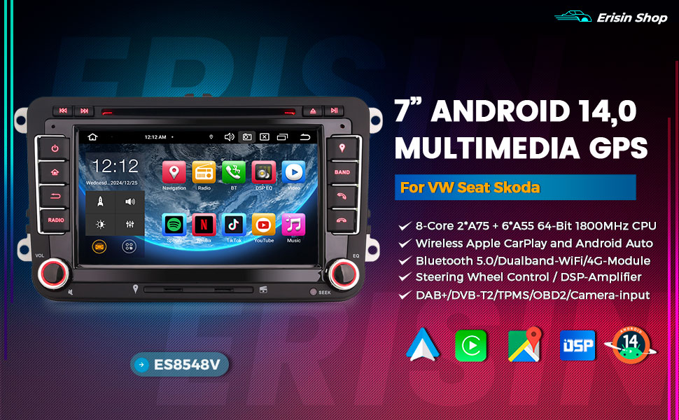 Text reads '7" ANDROID 14.0', 'MULTIMEDIA GPS', 'ESS545V'. Car entertainment system interface displays showing various menu screens and features.