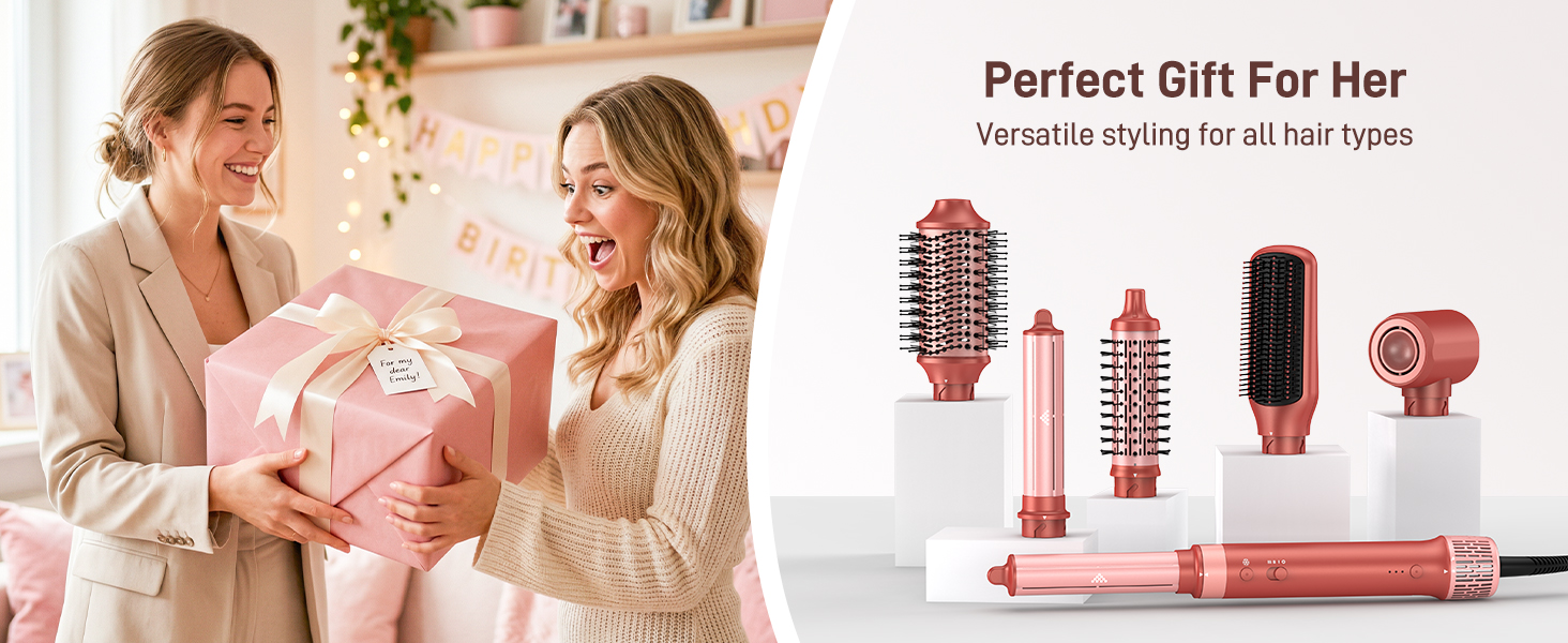 Text reads 'Perfect Gift For Her' and 'Beautiful timing for all the ladies'. Cosmetics collection featuring pink-toned makeup products including lipsticks, nail polish, and beauty items arranged on white surface.