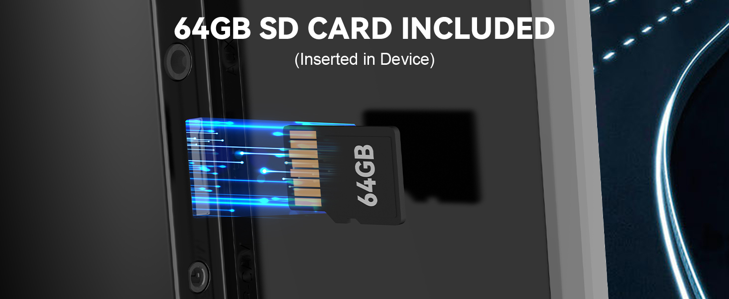 Text reads '64GB SD CARD INCLUDED'. Close-up view of a device's SD card slot with blue LED illumination, showing inserted memory card.