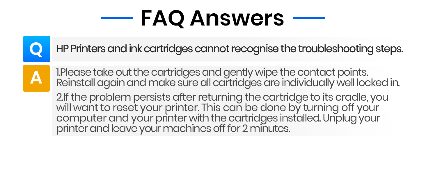 Text reads 'FAQ Answers' followed by printer troubleshooting instructions about cartridge recognition and cleaning contact points in HP printers.