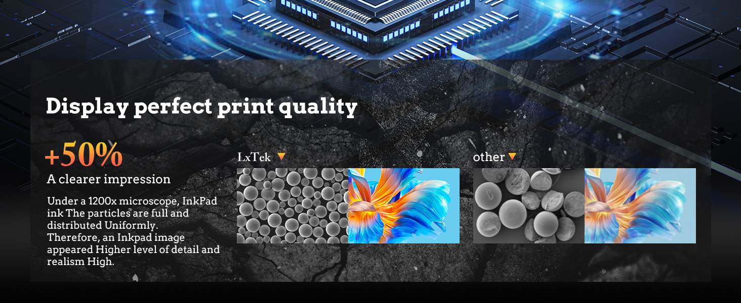 Text reads 'Display perfect print quality' and '+50%'. Technical product banner showing printing quality comparison with blue technological graphics and sample images.