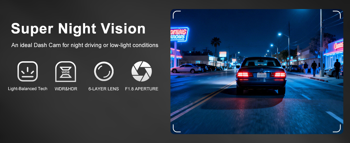 Text reads 'Super Night Vision'. Dashboard icons show features. Nighttime photo of car taillights on dark street, demonstrating night vision capability with blue-tinted scene.