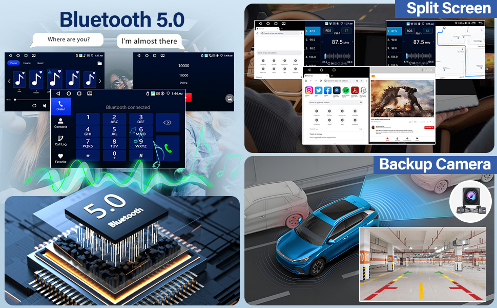 Car stereo system with large touchscreen display, shown with various accessories including antennas, cables, camera, and installation tools. Package includes main unit and multiple connection components.