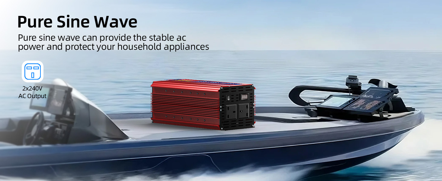 Text reads 'Pure Sine Wave'. Image shows a speedboat on water, demonstrating marine application context.