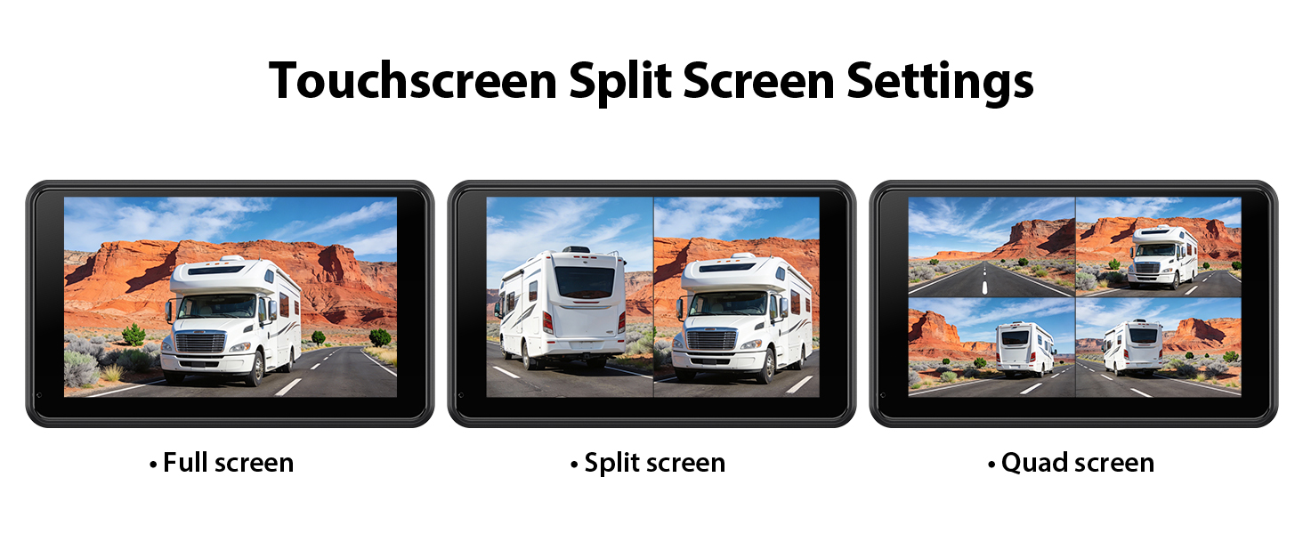 Text reads 'Touchscreen Split Screen Settings', 'Full screen', 'Split screen', 'Quad screen'. Display options showing different screen layout configurations for a vehicle monitoring system.