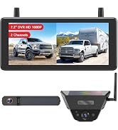 Dashcam system with dual camera units and mounting brackets. Lower display shows same outdoor scene with truck and RV. Orange text banner on screen. Two black camera pods with lens elements positioned at angles.