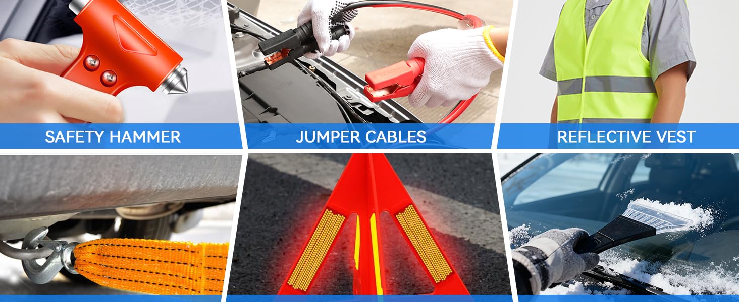 Text reads 'SAFETY HAMMER', 'JUMPER CABLES', 'REFLECTIVE VEST', 'TOW ROPE', 'WARNING TRIANGLE', 'SNOW SHOVEL'. Emergency car kit items displayed with labeled blue banners identifying each tool.