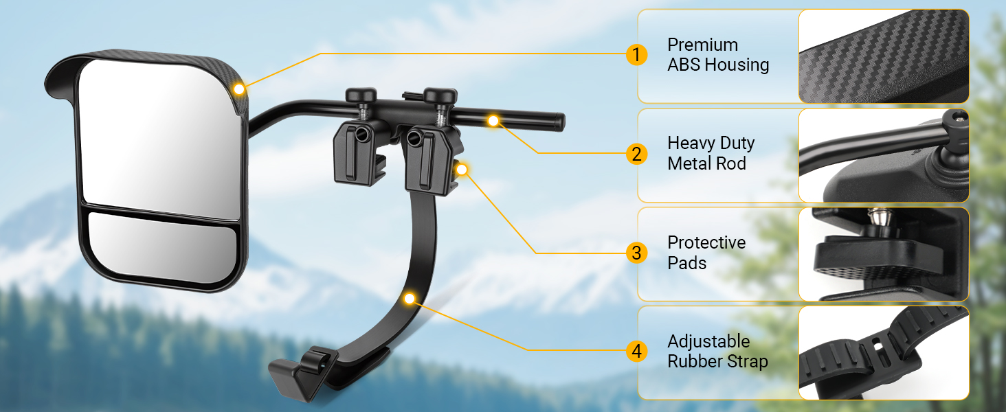 Product diagram showing adjustable towing mirror features: Premium ABC housing, Heavy-duty metal rod, Protective padding, and Adjustable rubber strap components against blue sky background.