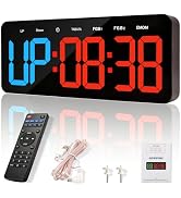 Text reads 'UP 08:38' in green and red LED display. Digital alarm clock with large LED numbers, black housing, accompanied by remote control, charging cable, wall outlet adapter, and mounting hardware accessories.