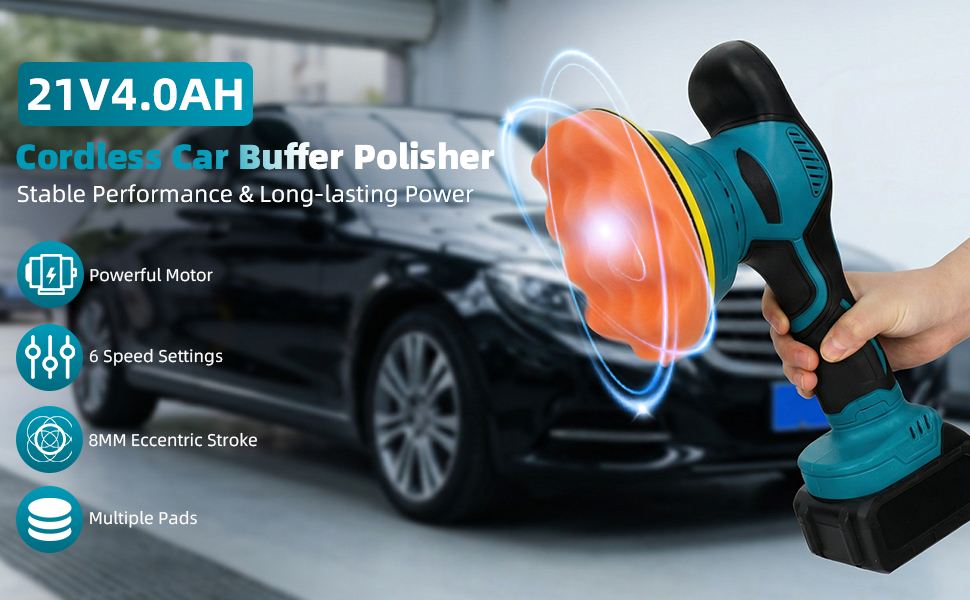 Text reads: '21V4.0AH Cordless Car Buffer Polisher Stable Performance & Long-lasting Power' Features include Powerful Motor, 6 Speed Settings, RPM Eccentric Stroke, Multiple Pads. Shows teal cordless polisher with orange pad.