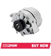 Silver metallic circular automotive alternator with grooved pulley. Pink banner below reads 'BUY NOW' in white text on dark background.