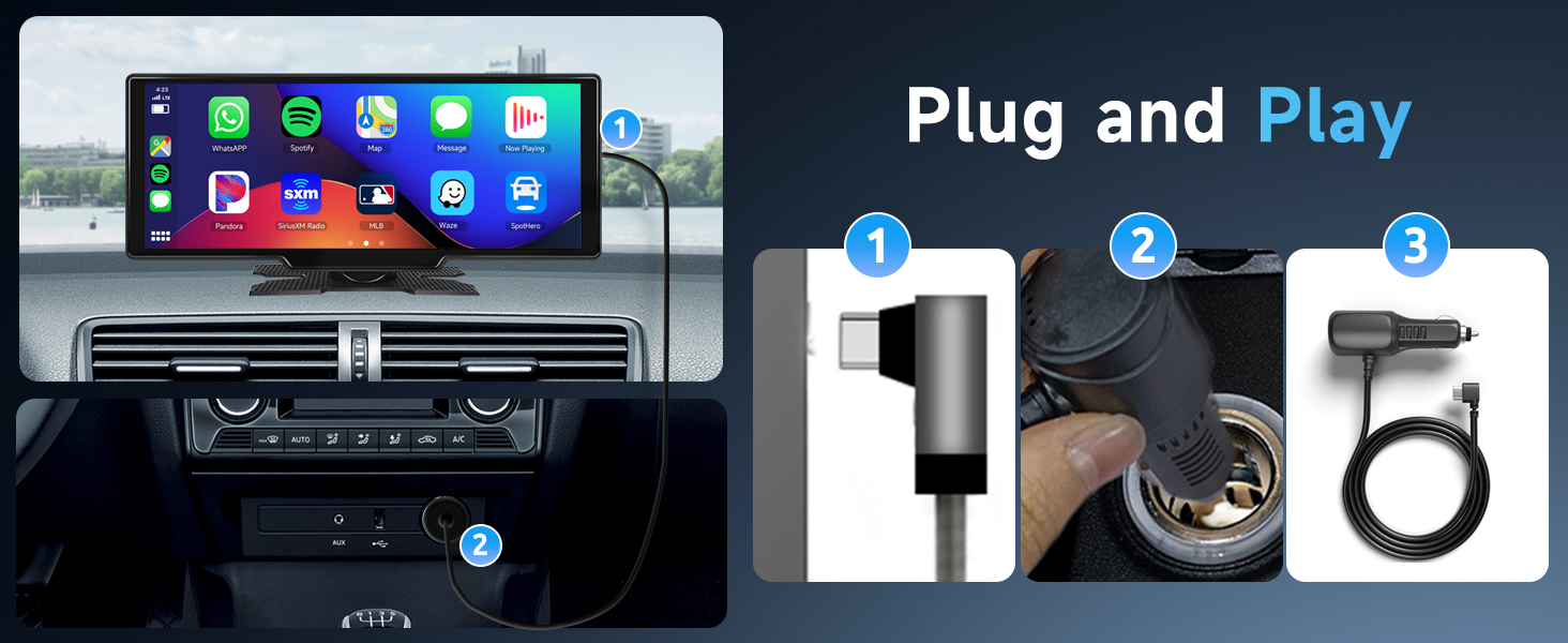 Car dashboard display showing smartphone integration. Side panels demonstrate plug-and-play connectivity with cable and port illustrations.