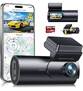 Text reads '4K'. Dual-lens dash camera system with smartphone app integration showing multiple camera views and GPS tracking interface.