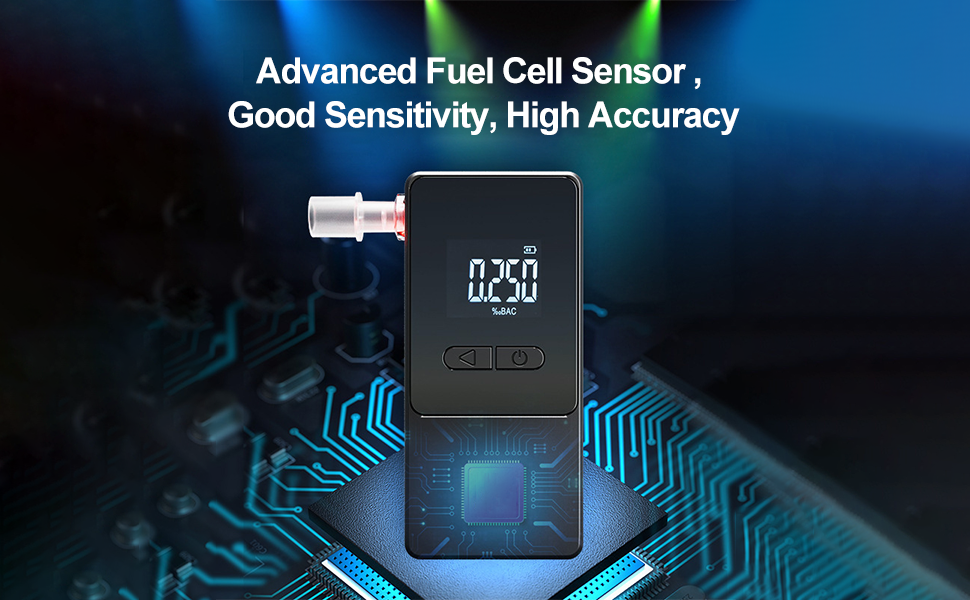 Digital device specifications showing model AT808 with fuel cell sensor, temperature range of -10°C~40°C, and LCD display screen with numerical readout.