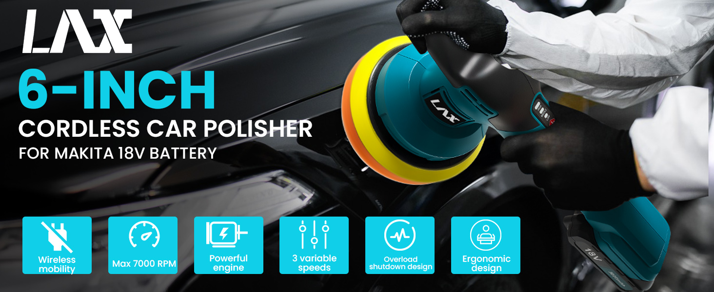 Text reads 'LAX', '6-INCH', 'CORDLESS CAR POLISHER FOR MAKITA 18V BATTERY'. Product image showing car polishing tool with blue and black design elements.