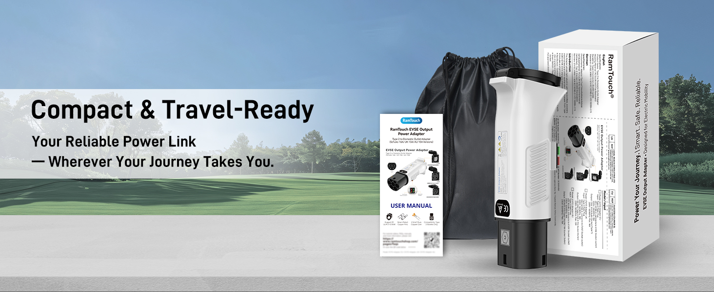 Text reads 'Compact & Travel-Ready' and 'Your Reliable Power Link - Wherever Your Journey Takes You.' Series of product images showing portable power adapters and charging devices in white.