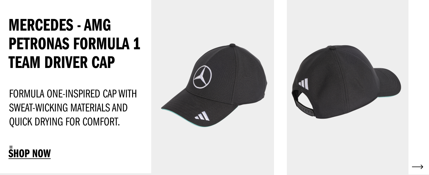 Text reads 'MERCEDES-AMG PETRONAS FORMULA 1 TEAM DRIVER CAP' and 'FORMULA ONE INSPIRED CAP WITH SWEAT-WICKING MATERIALS AND QUICK DRYING FOR COMFORT. SHOP NOW'. Black baseball cap with Mercedes logo.