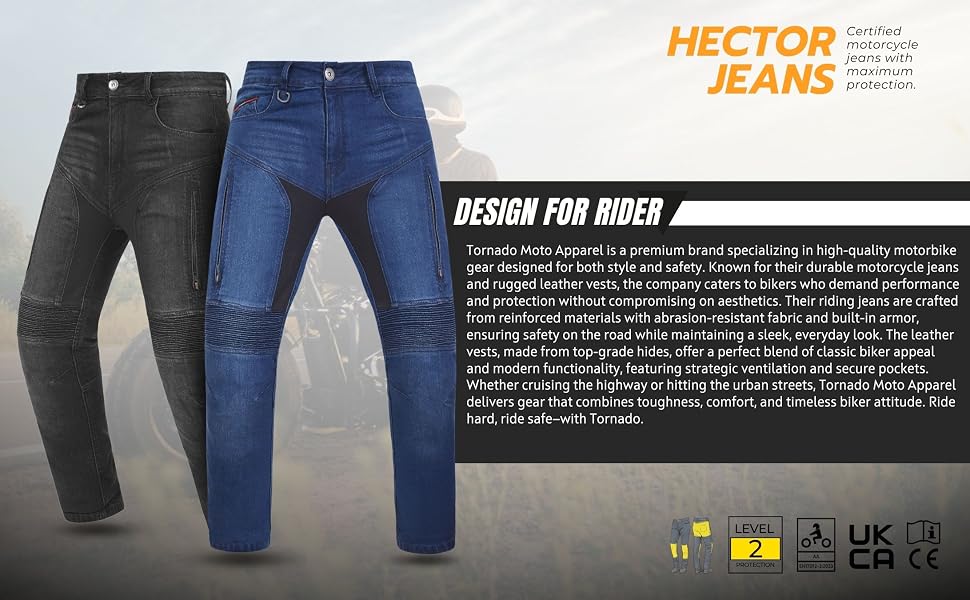 Text reads: 'HECTOR JEANS'. Dark motorcycle parked in outdoor setting against sunset sky, with branding overlay.