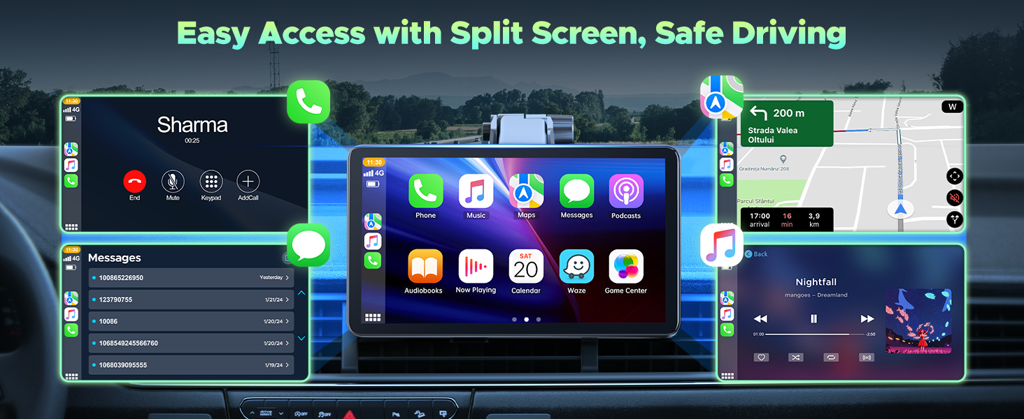 Car infotainment system with split-screen capability, showing navigation, call interface, and app menu. Advertised for easy access and safe driving.
