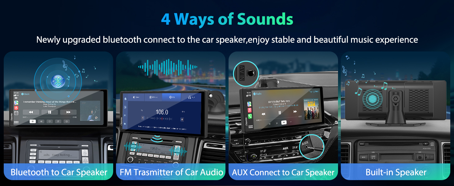 Infographic showing four car audio connection methods: Bluetooth to car speaker, FM transmitter, AUX connect, and built-in speaker. Each method is illustrated with a car dashboard display.