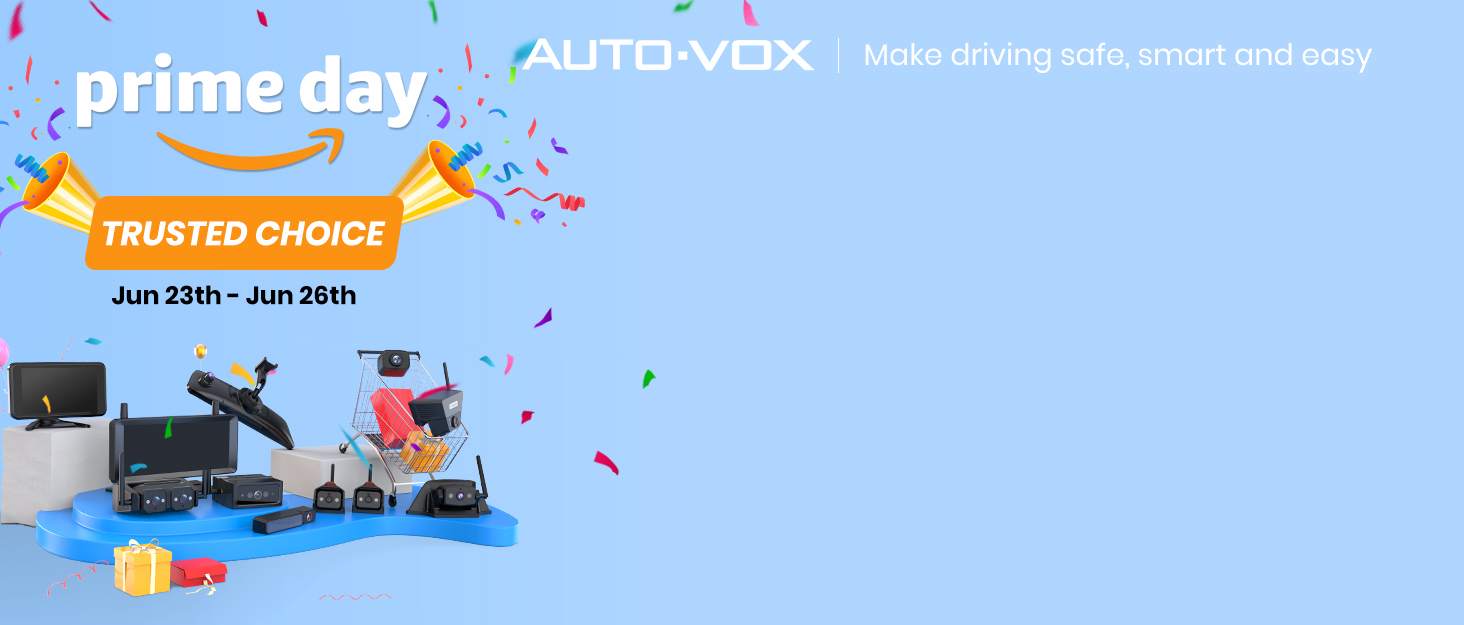 Text reads 'prime day', 'AUTOVOX', 'TRUSTED CHOICE' with dates 'Jun 28th - Jun 28th'. Blue background with promotional graphics showing electronics and confetti design for Prime Day sale event.