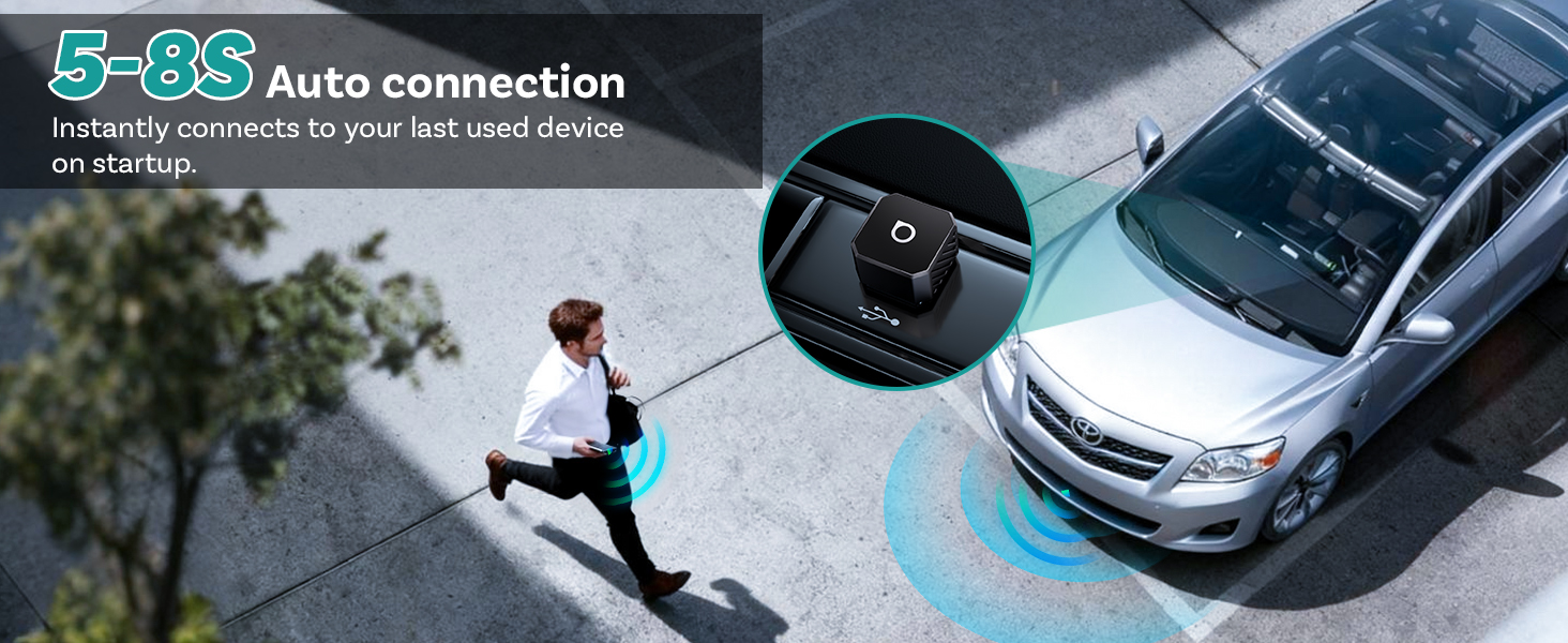 Text reads '5-85 Auto connection'. Split image showing automobile and figure, illustrating automatic connection feature with illuminated icon overlay.