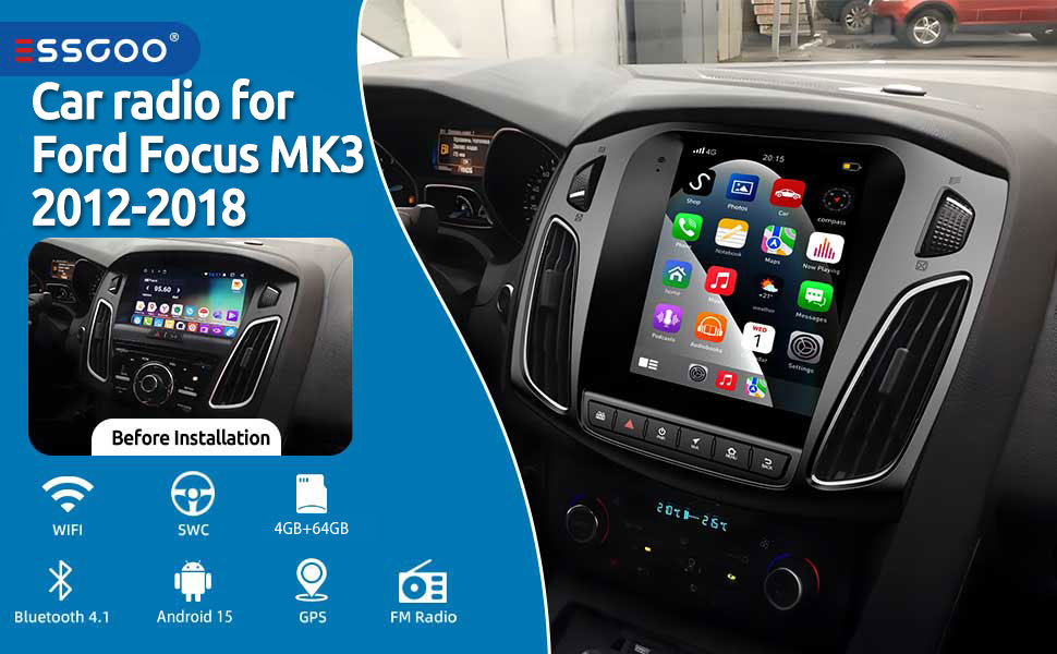 Text reads 'SSGOO Car radio for Ford Focus Mk3 2012-2018'. Product image shows car dashboard with large touchscreen display showing app interface with Bluetooth connectivity.
