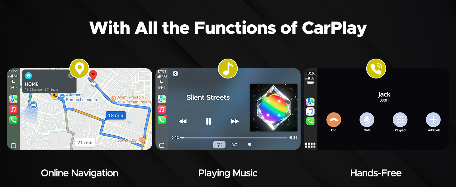 Text reads 'With All the Functions of CarPlay', 'Online Navigation', 'Playing Music', 'Hands Free'. Screenshots showing navigation, music, and connectivity interfaces.