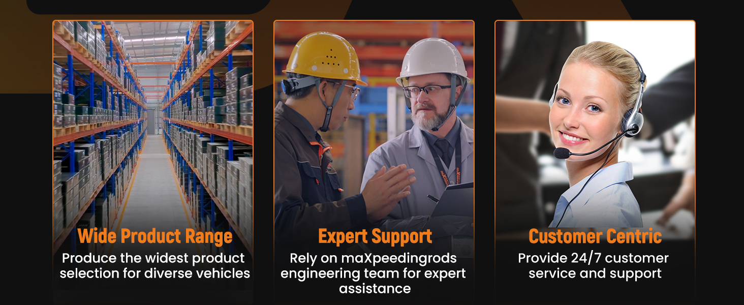 Text reads 'We proudly serve', 'Expert Support', 'Provide 24/7 customer service and support'. Three panel composite showing industrial warehouse, safety-helmeted workers, and smiling customer service representative.
