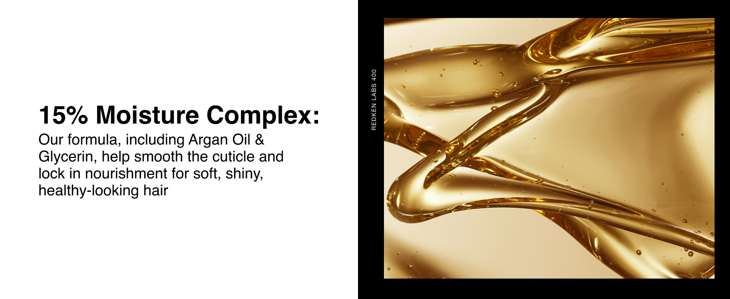 Text reads '15% Moisture Complex:' and 'Our formula, including Nano Oil, ensures hair stays hydrated and silky while helping to lock in nourishment for soft, shiny, healthy-looking hair'. Golden liquid product close-up with flowing texture.